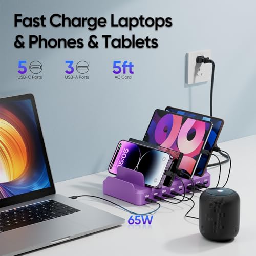 Image of 300W Charging Station for Multiple Devices, 8 Port Multi USB C Fast Charger Station Dock for MacBook iPhone 16 /15 /14 /13 /12 Samsung Pixel Series iPad, Purple (6 Mixed Short Cables Included)