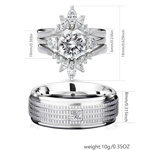 wedding ring set His Hers Couples Matching Rings 3PC Women's 10k White Gold Plated Moissanite Wedding Engagement Ring Bridal Sets & Men's Titanium Wedding Band3