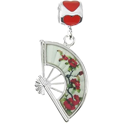 Queenberry Sterling Silver Oriental Style Flower Fan Enamel European Style Dangle Bead Charm Cover