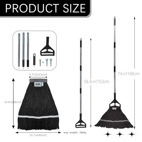 Image of Commercial Cotton Mop Heavy-Duty Industrial with 2 Replacement Heads 152 cm Handle Replacement mop Head (Black)