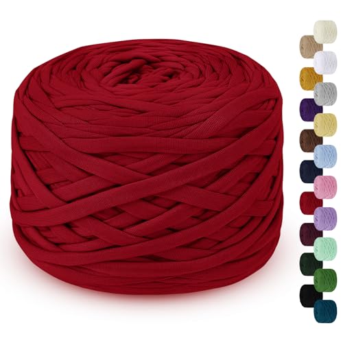 LEREATI Fil pour Crochet 285g 100m Tshirt Yarn Fil Polyester pour Sac au Crochet, Coton à Tricoter pour Sac, Panier, Bricolage, Tapis, Couverture (Rouge)