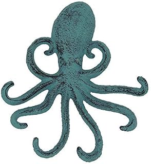 Cast Iron Octopus Wall Hook  Decorative Swimming Octopus Tentacles Key Hook for Entryway, Door way or Bathroom  Novelty Wall Décor  Rustic Brown Color with Screws and Anchors Included - Blue