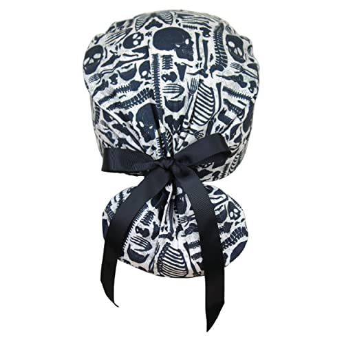 Image of Scrub Cap for Women and Men, Ponytail Scrub Caps, Working Hat, Head Cover with Ribbon Ties and Buttons, Long Hair