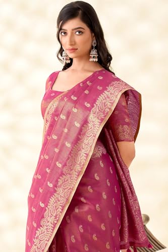 Image of SWORNOF Gold-Toned Woven Design Silk Zari Tissue Saree | Saree for Women | Soft and Skin Friendly