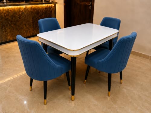Image of WOODEN SPACE 4 Seater Wooden Dining Table Set | Urban Marble Top Dining Table with Chairs for Dining Room & Kitchen (Modern Infinity Blue) (54 x 36 x 30 inch)