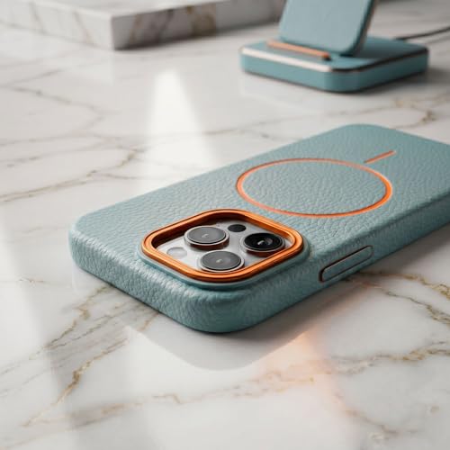 Image of amazon basics Luxury MagSafe Compatible Leather Texture Back Cover for iPhone 13 Pro | Raised Camera Protection | Slim Fit Shockproof Case with Metallic Accents (Light Blue)