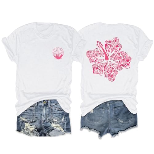 Image of Hawaiian T Shirts for Women Oversized Aesthetic Hibiscus Flower Beach Shirt Teens Preppy Tropical Graphic Tee Tops