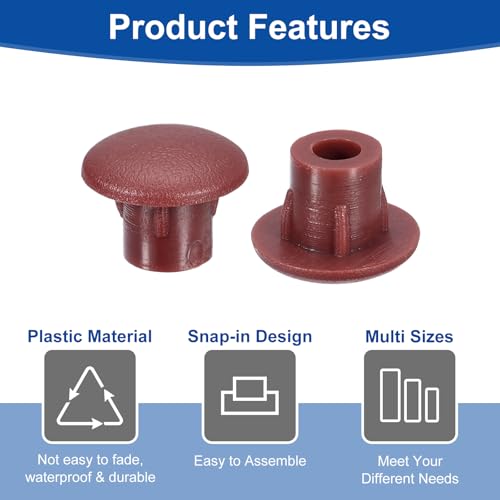 Image of uxcell 2000Pcs Screw Hole Plugs, 5mm(3 /16 inch) Dia Plastic Round Button Plugs Snap in Locking Hole Covers Flush Type Caps for Furniture Cabinet, Red Brown