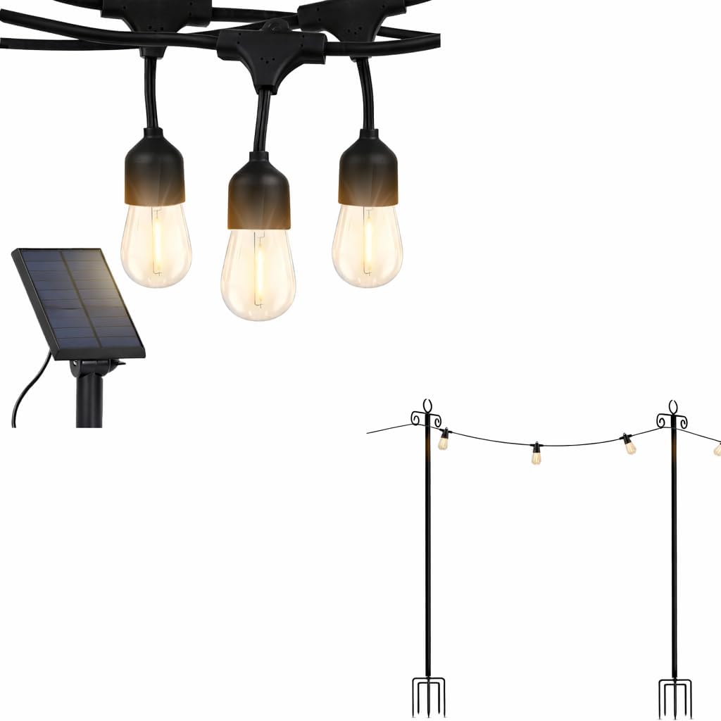 Brightech Bundle Ambience Pro 27 Ft Solar Powered Outdoor String Lights + -Pack 10FT String Light Poles