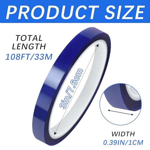 Image of 2 Rolls 10mm x 33m 108FT Up to 250℃(480℉) High Temperature Heat Resistant Tape, Adhesive Heat Tape for Sublimation,Electronics,Soldering,Circuit Board,Heat Press(Blue)