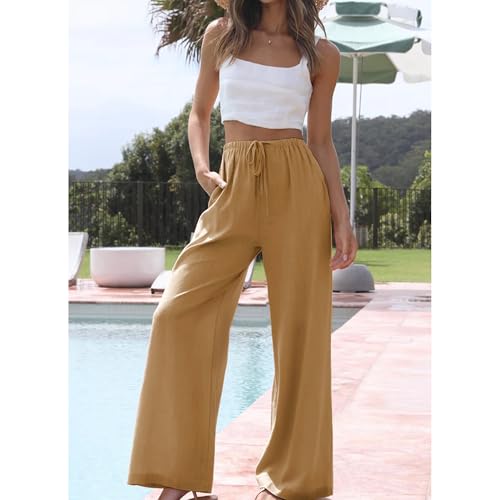 Image of Duyang Womens Cotton Linen Palazzo Pants Drawstring Elastic Waist Casual Wide Leg Trousers with Pockets