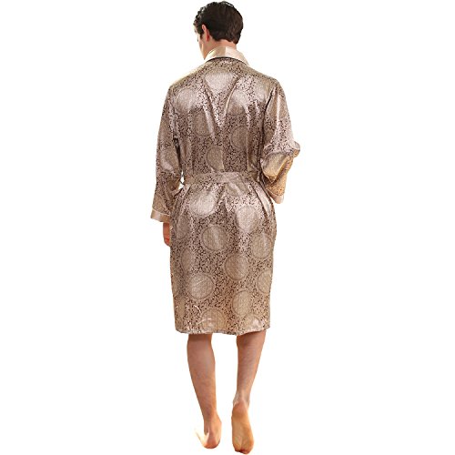 Men's Summer Luxurious Kimono Robe Soft Satin Bathrobe Long-Sleeve Nightgown Printed Pajamas Gold, Small/Medium2