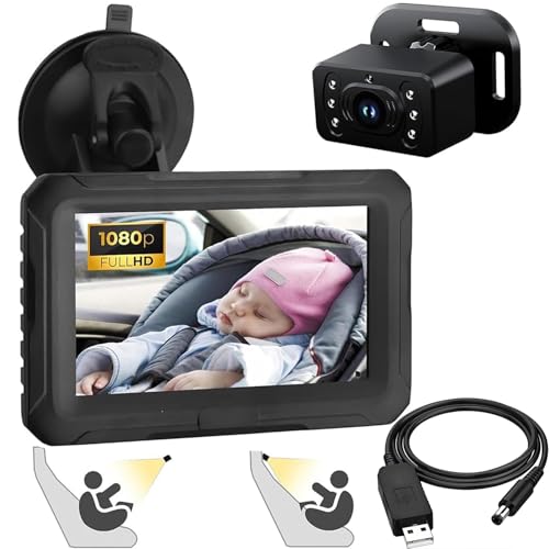 Image of eSynic Baby Car Camera with 4.3 Inch Screen Backseat Baby Monitor 1080P HD Night Vision USB-Powered 360° Rotating Lens 150° Wide Angle 8 LEDs for Baby Car Seat Monitoring Driving Safety