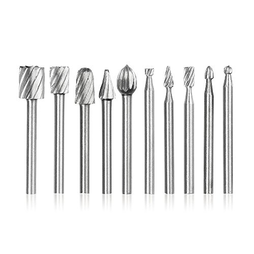 Xilko 10Pcs Rotary Burr Drill Bits Set, Wood Carving Tools Kit Woodworking Accessories with 3mm Round Shank for Single Engraving File Grinder Cutting, Soft Metal Polishing, DIY Carving