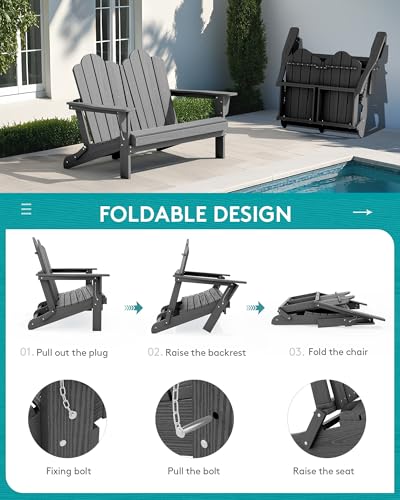 Image of SERWALL Outdoor Patio Adirondack Set, 2 Folding Adirondack Bench & 1 Coffee Table with Umbrella Hole, HDPE All-Weather Adirondack Furniture Set for Front Porch Garden Balcony Backyard, Grey