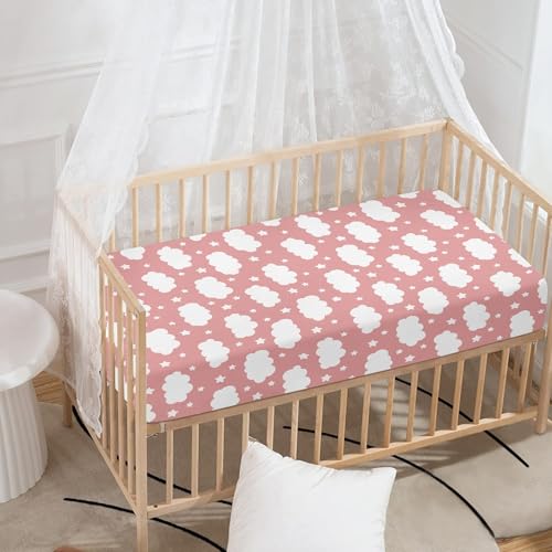 Image of Clouds Baby Crib Sheets for Boys Girls Pink Fitted Crib Sheet for Standard Crib and Toddler Mattress Cute Cloud Baby Mattress Sheets Toddler Bed Sheet 52x28x8 in