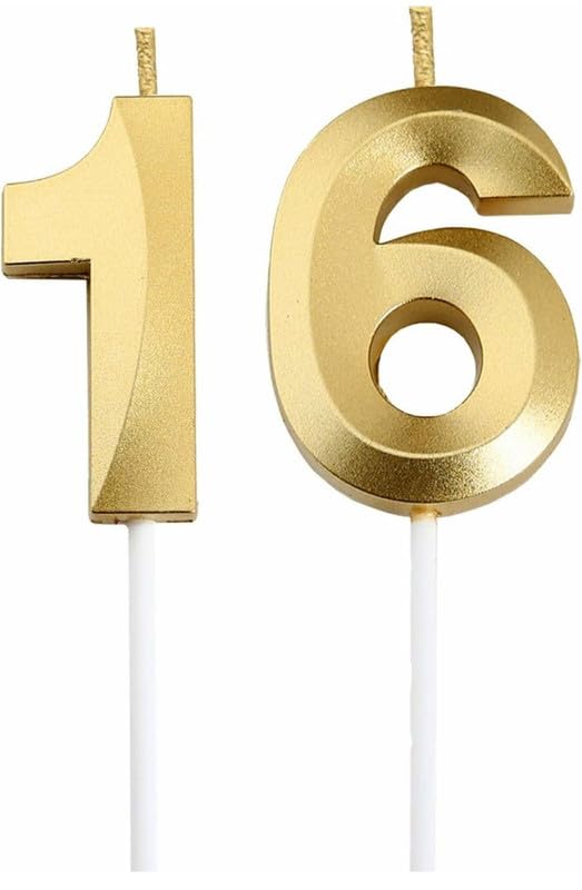 Number Unscented Wax Candles 3 Inch for Birthday, Wedding, Engagement, Valentines Day Celebration, Theme Party, Bridal Shower, Bachelors Decoration Gold(Numerical No 16 or 61)