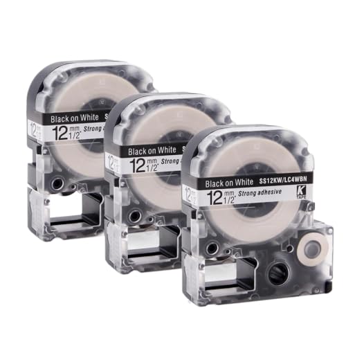 3pk黒の白いSS12KWラベルテープ4WBN 12mmレーベルメーカーLWシリーズLW-300 LW-400 LW-500 LW-600P LW-700は、同様のラベルプリンターマシンで動作します