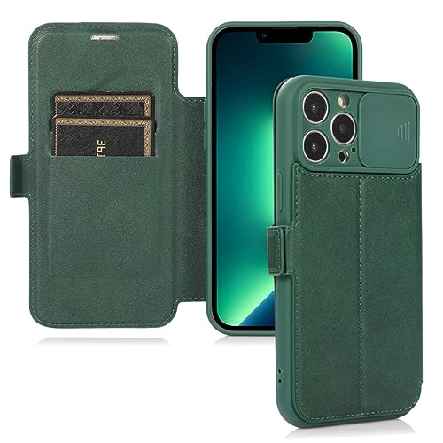 NICRX Slide Camera Lens Protection Wallet Flip Case para iPhone 14 11 12 13 Pro MAX X XR XS 7 Plus Leather CardCover, Verde, para iPhone 7 o 8