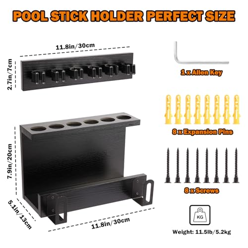 WeGXY Wandhalterung Pool Stick Halter, Pool Tisch Zubehör Pool Queue Halter 6 Stick Pool Queue Rack für Spielzimmer Billard Zimmer Club Dekor, Hartholz - Schwarz