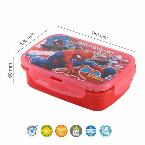 Image of SKi Homeware SnapLock Lunch Box for Kids with Stainless Steel Removable Inner Container +125ml dabbi + Spoon | Leak Resistant | Genuine Character Merchandise | Perfect for Birthday Gifts - Spiderman