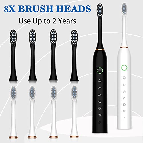 Image of Electric Toothbrush with 8 Brush Heads, 42000vpm 6 Modes IPX7 Waterproof, Soft Electric Toothbrush for Adults - 2 Pack, Black+White