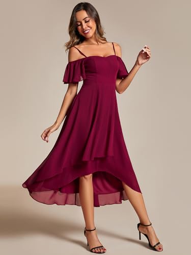 Image of Ever-Pretty Women's Summer Cold Shoulder Hi-Lo Asymmetrical Hem Flowy Chiffon Short Wedding Guest Dress 02103