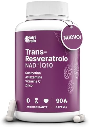 Trans-Resveratrolo, NAD⁺, Coenzima Q10, Quercetina, Astaxantina, Vitamina C e Zinco | Antiossidante, Anti-Età e Difese Immunitarie | 90 Capsule | Formula Avanzata con 7 Attivi Sinergici | 3 Mesi Generico - integratore