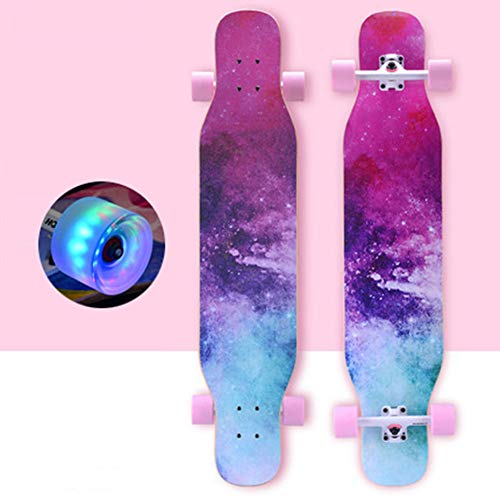 Longboard Kinder Anfänger 43 Zoll Vintage Fancy Cruiser Street Skateboards,Mädchen Jungen Erwachsene Profis Old School Pinsel Street Buntem LED-Lichtrad Surfing Penny Board, Lila