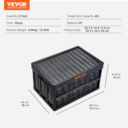 VEVOR 3er-Set 45L Profi Klappbox aus PP Transportbox mit Deckel Faltbarer Aufbewahrungsbox mit Handgriff Stapelbare Kisten Storage Box Faltboxen Stapelboxen für Aufbewahrung & Transport