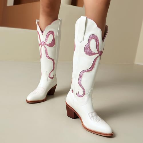 Women's White Cowgirl Boots with Glitter Bow Knee High Cowboy Boots Almond Round Toe Chunky Heel Embroidered Western Cowboy Boots for Women3