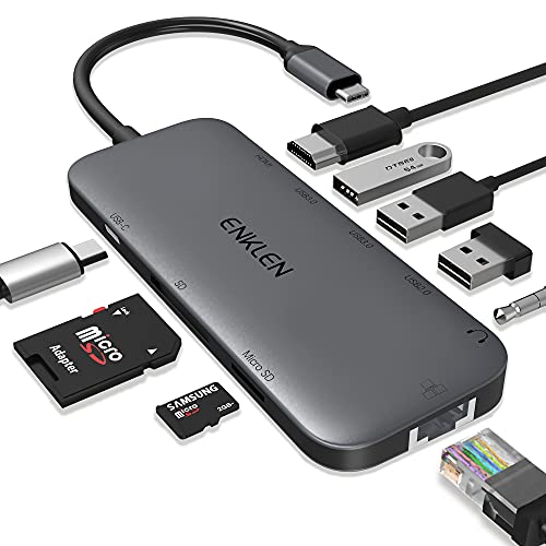 USB C Hub, Type C Adapter, 9-in-1 Dongle with USB-C PD 3.0, Ethernet, 4K@30Hz HDMI, 2 USB3.0, USB2.0, SD/TF Card Reader, Mic/Audio, Compatible for MacBook Air Pro and Other Type C Laptops