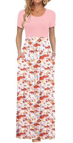 Image of AUSELILY Women's Summer Short Sleeve Loose Plain Casual Long Maxi Dresses | Year Round wear solid floral print, Casual wear, Empire waist, Floor length, Side pockets