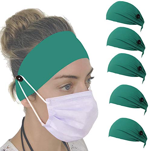 Wuluwala Buttons Headband Facemask Holder Elastic Head Band Protect Ears Anti Slip Face Mask Headbands 5 Pcs, Green