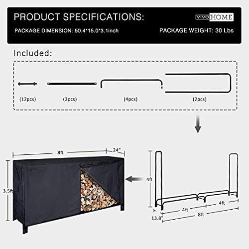 VIVOHOME 8ft & 4ft Heavy Duty Indoor Outdoor Firewood Storage Log Rack with Cover Combo Sets Black