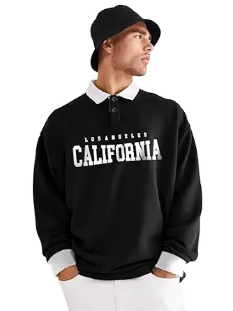 Noble Monk Men Black Polo Neck Oversized T-Shirt Black White_T1192 - Image 2