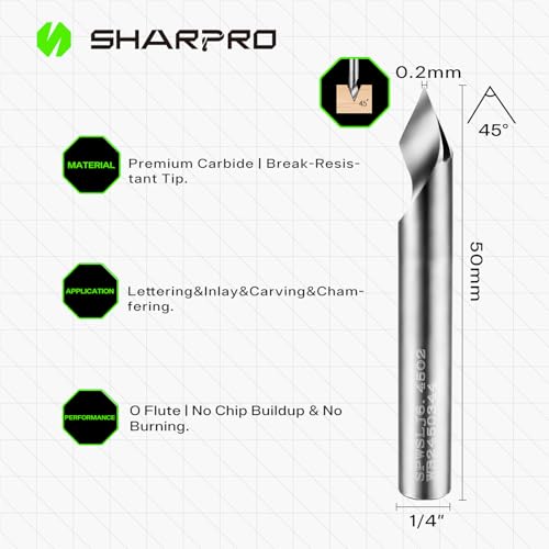 Image of Chamfer Router Bits V Groove O Flute Spiral Router Bit 45 Degree 1 /4 Inch Shank CNC Carbide V-bit for Engraving and Chamfering Lettering, Ideal for Wood, Acrylic and PVC