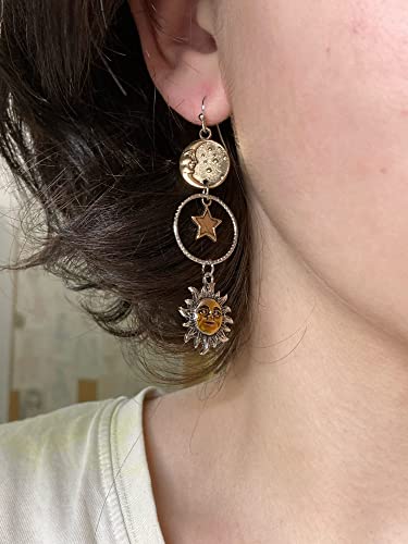 Vintage Sun Moon Star Dangle Earrings for Women, Greek Mythology Asymmetric Drop Earrings (Gold)3