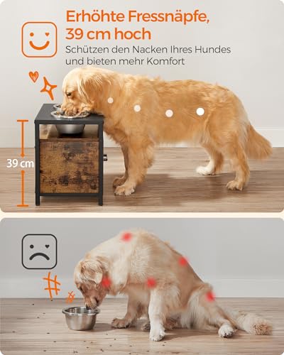 Feandrea Hundenapf erhöht, für große Hunde, Futternapf mit Gestell, erhöhter Fressnapf mit Schublade, Futterstation, 2 Schüsseln, 39 cm hoch, vintagebraun-schwarz PRB101X01V1
