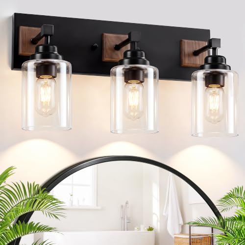 EvmVom Farmhouse Bathroom Light Fixtures, 3-Light Black & Wood Vanity Light