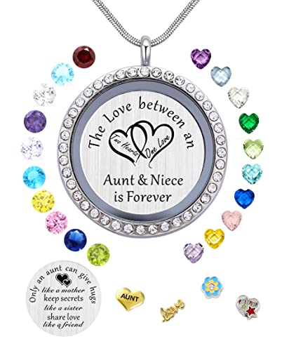 Beffy My Aunt Gifts from Niece, Living Memory Floating Charms Locket, 30mm Round Crystals Pendant Necklace with Birthstone