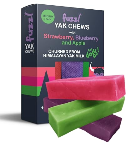Fuzzl Box of 3 Apple Blueberry Strawberry Yak Chews for Dogs | 225g | Natural Himalayan Cheese Dog Treats | Long-Lasting Grain-Free Vitamin & Antioxidant-Rich Dental Chews