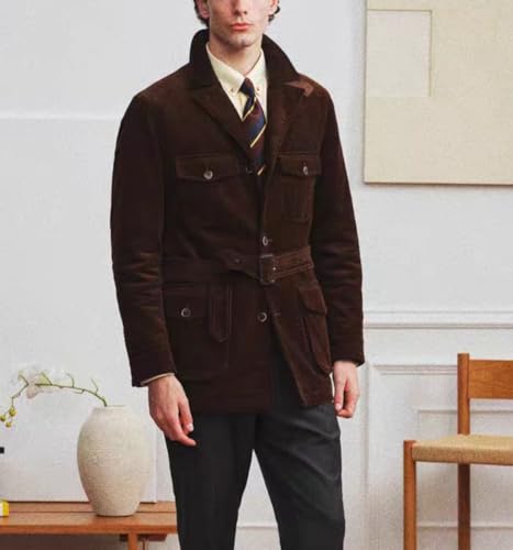 Vintage Men's Suits Jacket Blazer Corduroy Causal Belted Blazer Sport Coats Two Button Fall Winter2