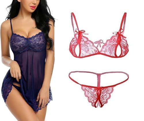 Image of SSoShHub Lace Babydoll Lingerie Sexy Mini Chemise Mesh Wedding Nightie Bridal Nightdress with Bikini