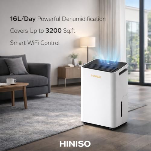 Image of HINISO 16L Smart WiFi Compressor Dehumidifier with HEPA 13 Air Purification for Home & Basement up to 3200 Sq.ft | Ionizer, 3.2L Tank, Auto Defrost, Quiet Operation
