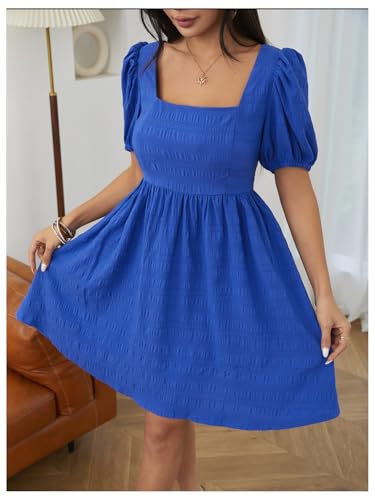 SOLY HUX Women's Summer Square Neck Puff Sleeve Dress Casual Vacation Swing A Line Short Dress4
