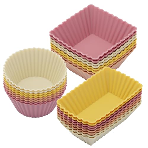 Image of 24Pack Silicone Muffin Cups, Reusable Cupcake Liners Molds for Baking, 3 Shapes Lunch Box Bento Dividers-Round, Square, and Rectangular (Orange Series, Regular Size)