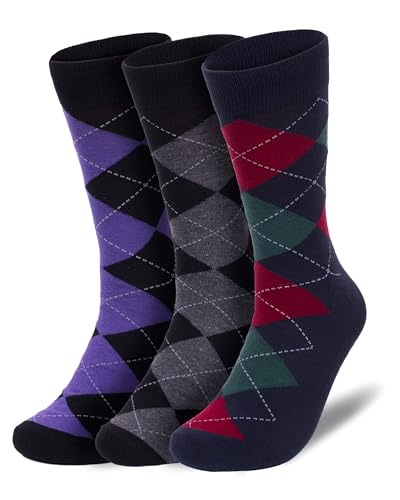 BG Premium Dress Socks for Men. Classic and Formal Apparel Patterned Socks, 3 Pair Set with a Gift Box - Red Purple Gray
