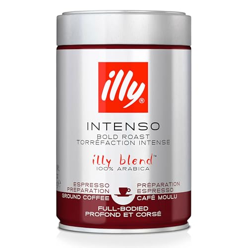 illy, Cafè Moulu pour Espresso Torréfié INTENSO, 100% Arabica avec des Notes de Cacao et de Fruits Secs, Arrière-goût Corsé, Paquet de 6 Boîtes (6x250g)
