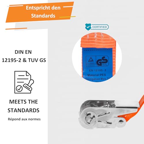 4 Stück Spanngurte mit Ratsche (4m/6m) - 800kg 25mm - in Orange oder Grün Ergolash - Spanngurt, Zurrgurt einteilig – Ratschengurt für Motorrad (Orange, 4m)